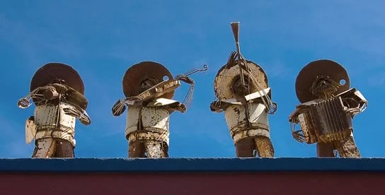 Large metal mariachi sculpture on the rooftop of the Hotel California. Todos Santos.