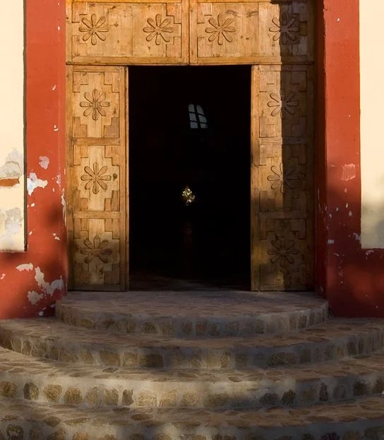 The entrance to the mission church. At this moment the flowers on the alter were naturally illuminated.