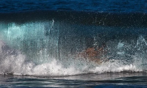 Surfer in the tube. Waipi’o Valley beach, Big Island, Hawaii. © Carl Amoth