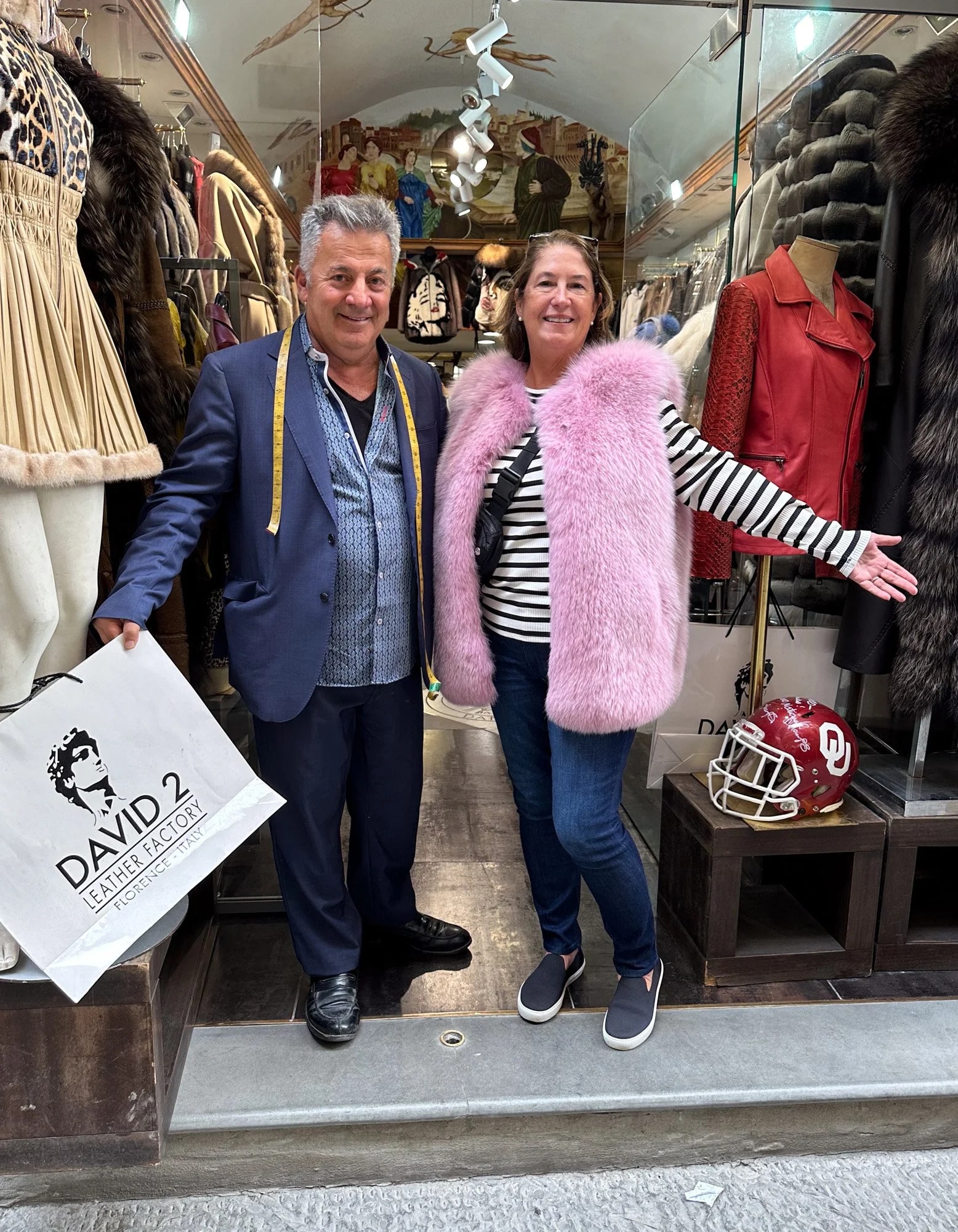 Patricia with owner of the David 2 Leather Factory, modeling a fur vest (no, she didn't buy this one). Lot of celebs have purchased coats from Franco, so why not Patricia and Bev?