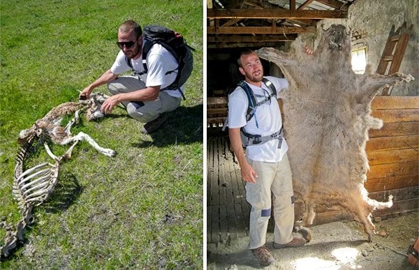 Our guide, Martiniano, talking about the bones of the guanaco and puma pelt
