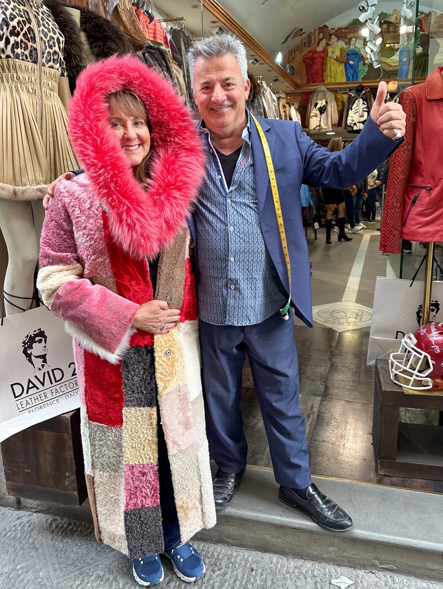 Bev in a (very fancy) coat of many colors Franco picked out for her. No, she didn't buy it.