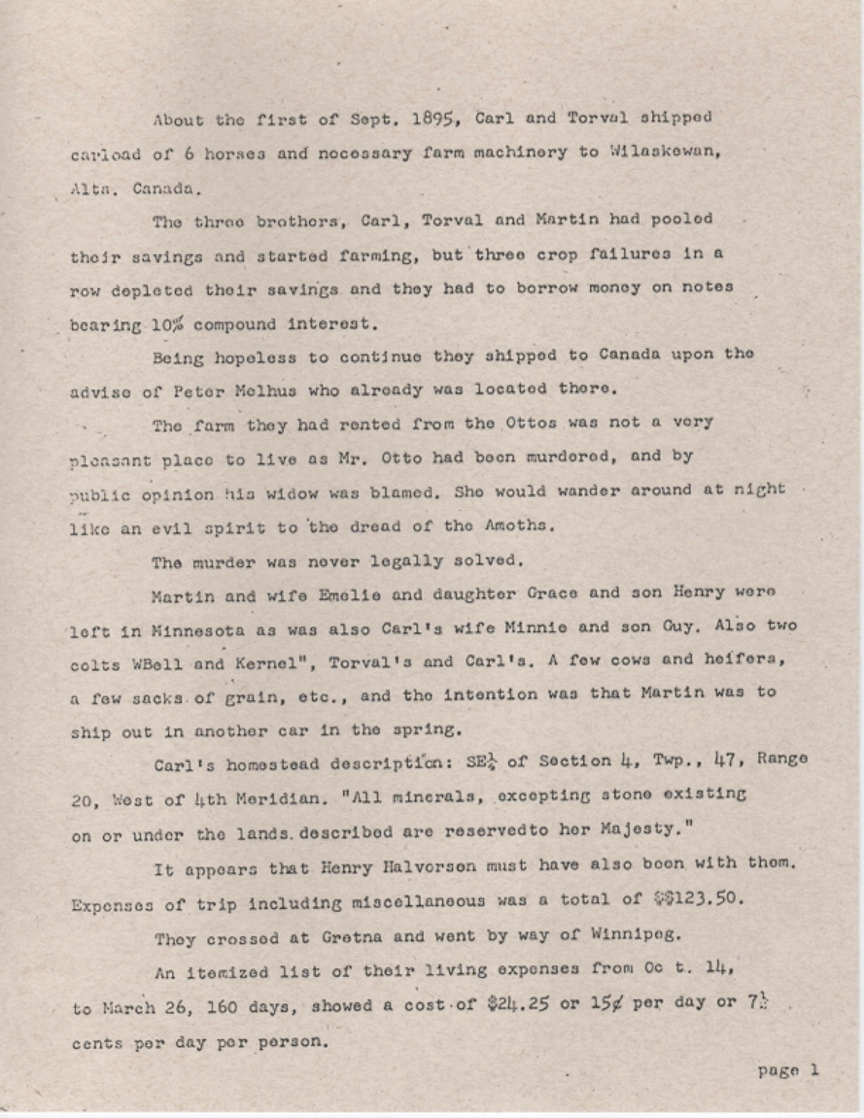 The first typed page of the summary of Carl Aamodt’s letters