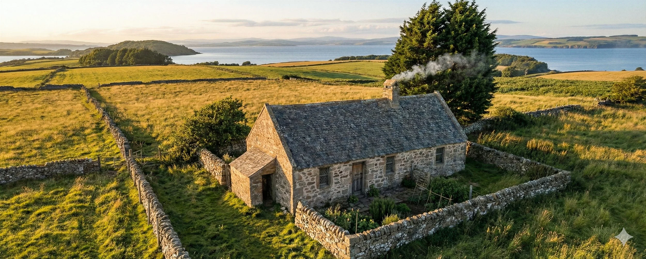 A stone cottage with a slate roof and a smoking chimney, standing inside dry-stone walls in open farmland above a Scottish firth