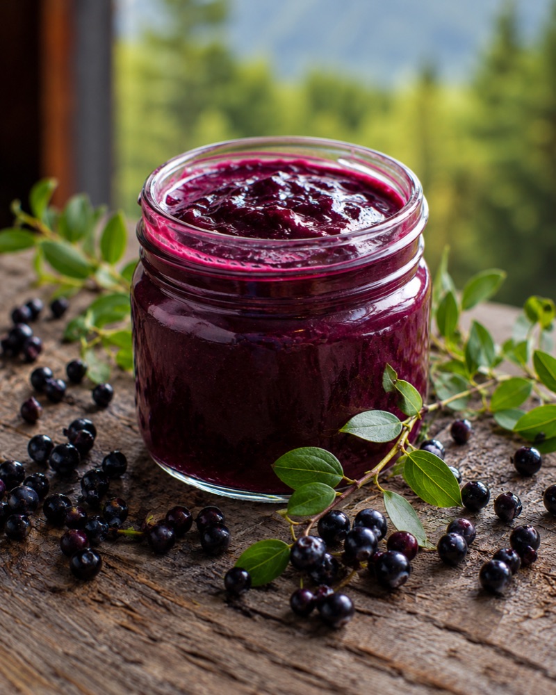 Huckleberry purée in a jar with fresh huckleberries