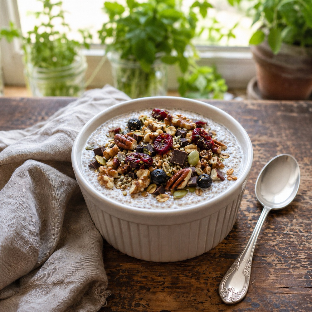 A bowl of coconut-kefir chia pudding topped with granola, nuts, and dried fruit on a wooden table