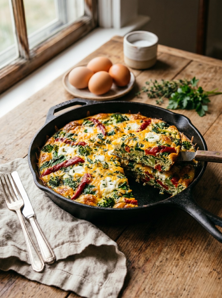 A loaded frittata in a cast-iron skillet on a wooden table by a window, one wedge lifted on a server to show the interior of broccoli, spinach, red Piquillo peppers, and white goat-cheese pockets under a browned cheddar top