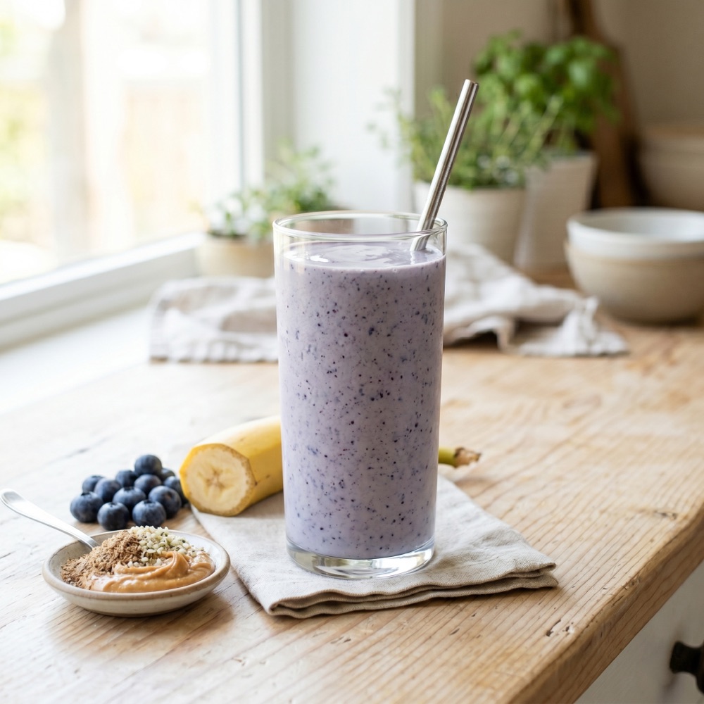 A tall glass of post-workout power smoothie with blueberries, banana, and nut butter beside it