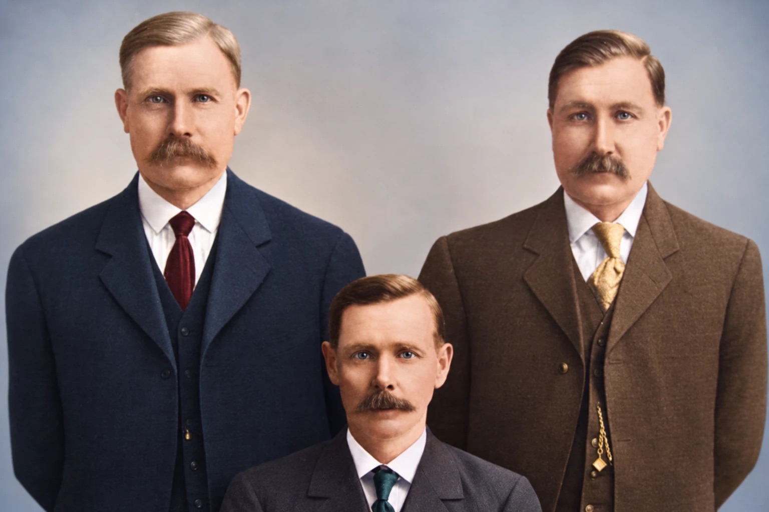 Three men with moustaches in suits and ties, two standing and one seated between them in front, in a tinted portrait